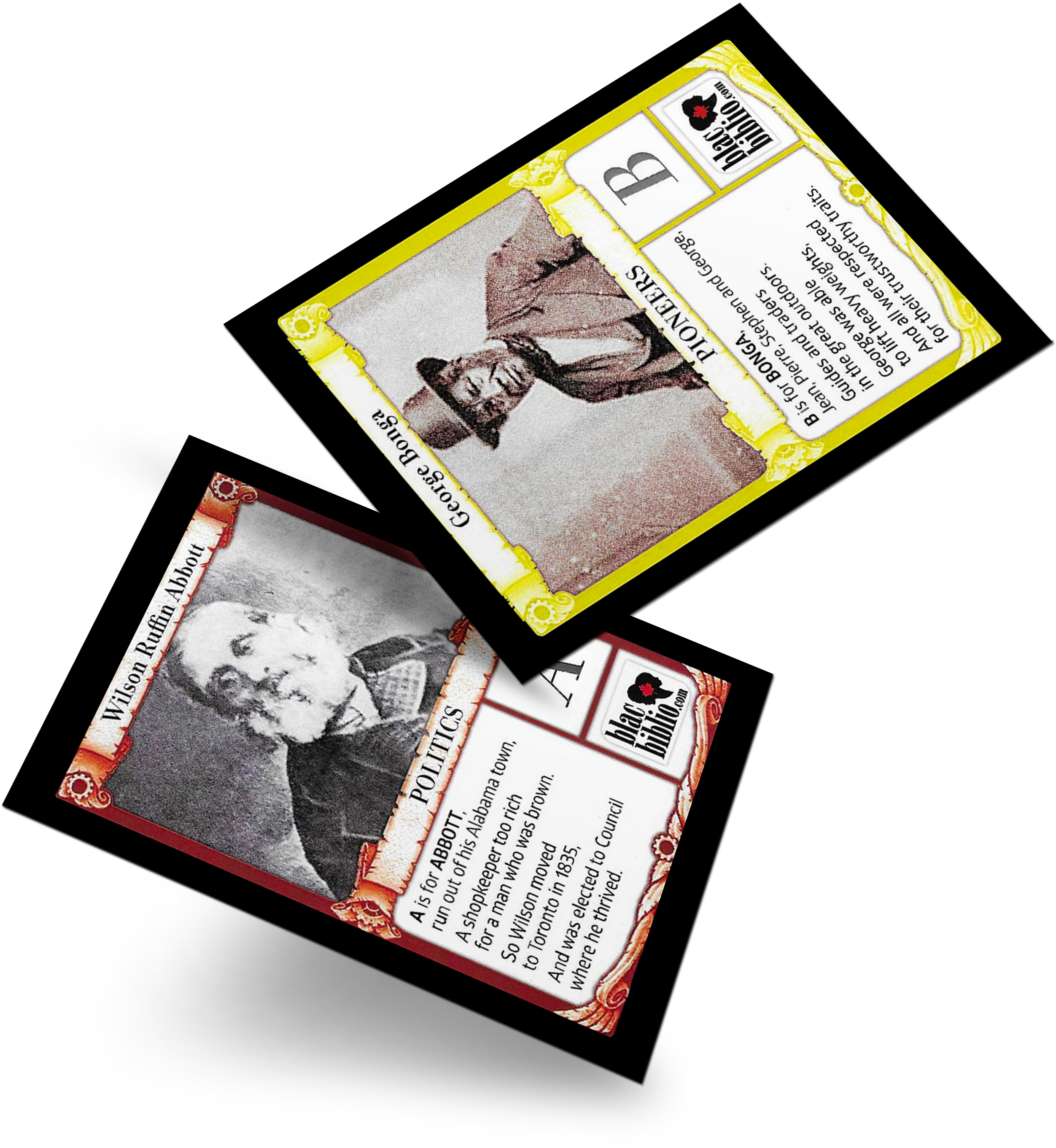 Blacbiblio | The ABC’s Toolkit is designed to help teachers create engaging lessons that are FUN and hands-on learning experiences. Two vintage-style trading cards are shown at an angle. One card features an older man in a suit with text about "POLITICS." The other card celebrates "PIONEERS" and shows a man in work attire. Both cards, highlighting aspects of Canadian Black History, are adorned with decorative borders and small icons. blacbiblio.com Blacbiblio | The ABC’s Toolkit is designed to help teachers create engaging lessons that are FUN and hands-on learning experiences. Two vintage-style trading cards are shown at an angle. One card features an older man in a suit with text about "POLITICS." The other card celebrates "PIONEERS" and shows a man in work attire. Both cards, highlighting aspects of Canadian Black History, are adorned with decorative borders and small icons. blacbiblio.com